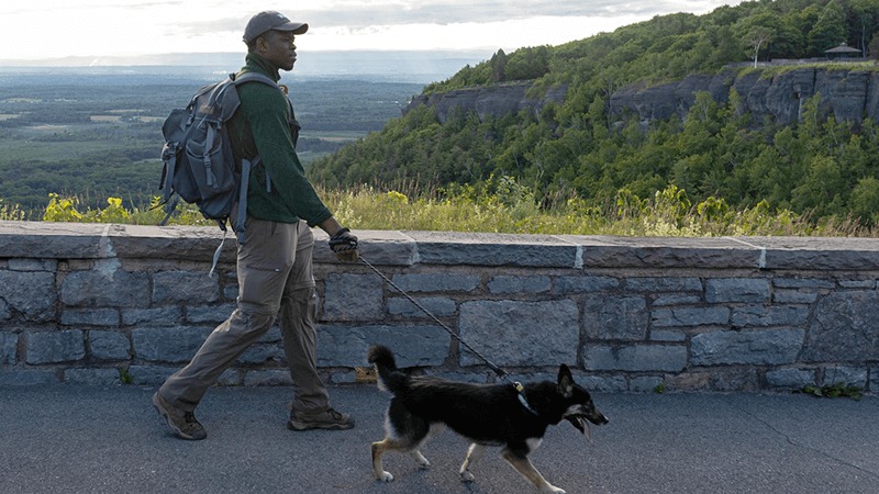 A geocacher walks their dog on a hiking trail.