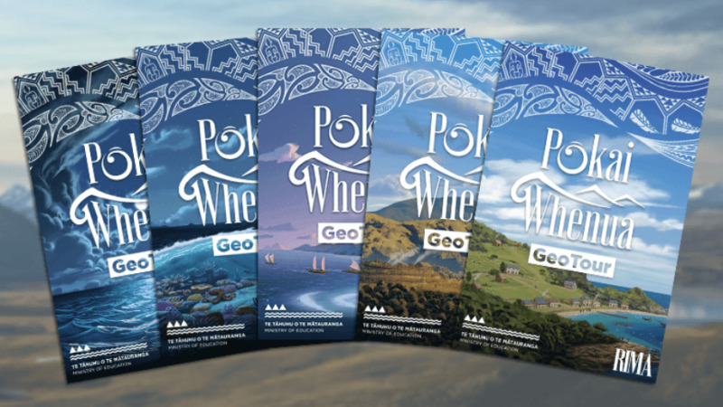 Coastal New Zealand illustration of sailboats and sealife with text "Pokai Whenua GeoTour"