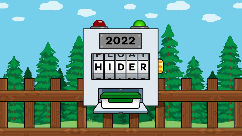 An illustration of a gadget cache attached to a fence. A plaque on it reads 2022, and the scroll is set to read Hider.