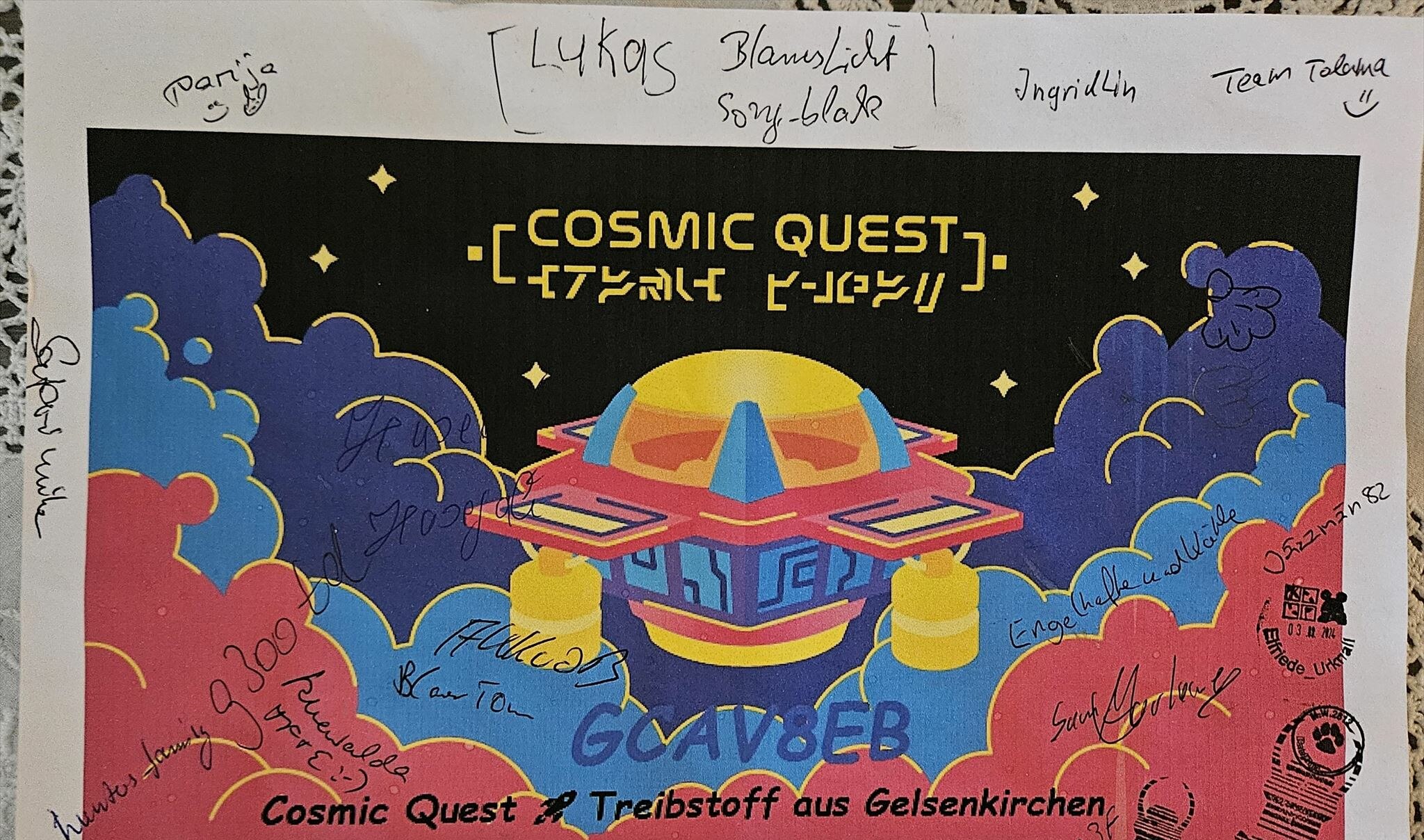 Geokačeři v německém Gelsenkirchenu se sešli na eventu Cosmic Quest 🚀 Treibstoff aus Gelsenkirchen Event Cache (GCAV8EB), aby objevili trackovatelné předměty a zvýšili tak počet jednotek paliva.